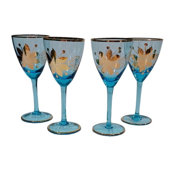 Mid Century Italian Art Glass Wine Cordial Glasses 24K Gold Turquoise Aqua Blue - Picture 3 of 7